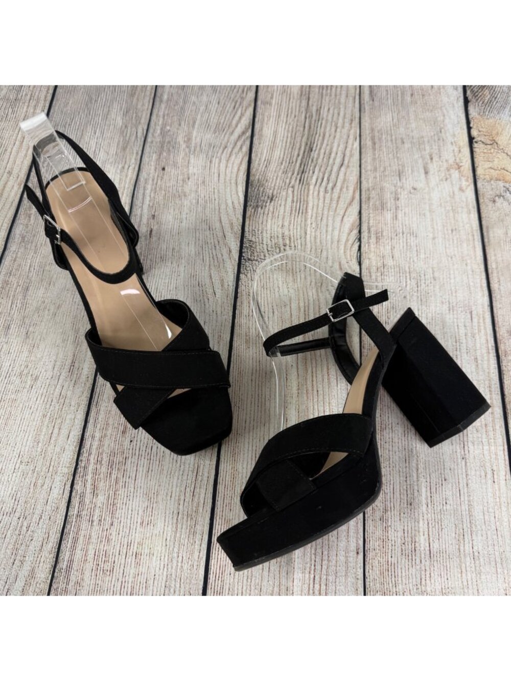 Y Not? Y2K Black Platform Chunky Block Heels Buckle Crisscross Toe Strap Sz 7.5